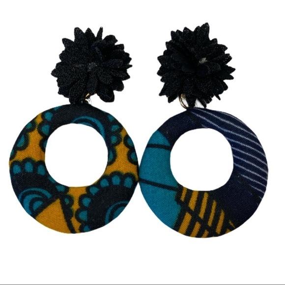 Handmade Ankara Fabric Hoop Earrings with Black Pom Pom Top - Picture 6 of 8